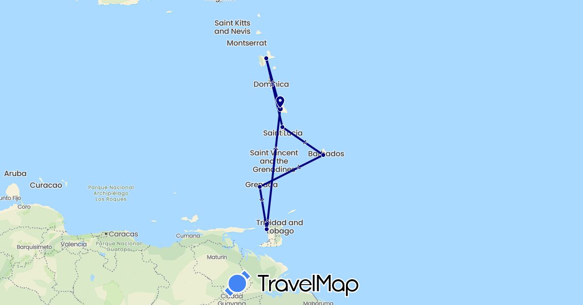 TravelMap itinerary: driving in Barbados, France, Grenada, Saint Lucia, Trinidad and Tobago (Europe, North America)